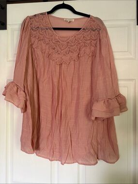fig and flower Lace Yoke Tunic Top - light apricot color